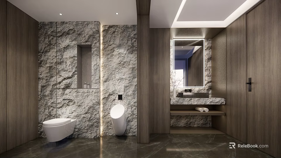 Modern Bathroom Interior with Stone Wall Wooden Panels Toilet Urinal Vanity and Mirror Lighting 3d model 