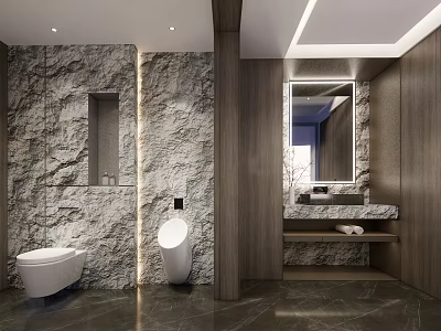 Modern Bathroom Interior with Stone Wall Wooden Panels Toilet Urinal Vanity and Mirror Lighting 3d model