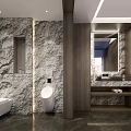 Modern Bathroom Interior with Stone Wall Wooden Panels Toilet Urinal Vanity and Mirror Lighting