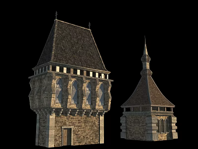 Ancient Architecture Stone Towers With Pointed Roofs Decorative Windows And Historic Design 3d model