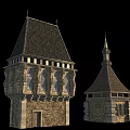 Ancient Architecture Stone Towers With Pointed Roofs Decorative Windows And Historic Design