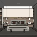 Modern Bedroom Interior Design With Bed Headboard Wall Map Pattern Bench Pendant Lights And Rug 3d model