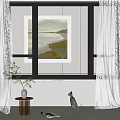 Interior Window Area With White Curtains Gray Drapes Artwork And Cat Figurine 3d model