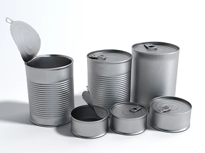 Various Sizes of Metal Tin Cans with Open and Closed Lids Arranged Neatly 3d model