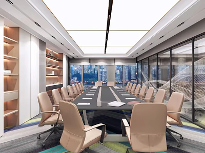 Modern Conference Room With Long Table Beige Chairs Large Windows And Bookshelves 3d model