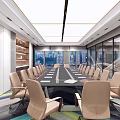 Modern Conference Room With Long Table Beige Chairs Large Windows And Bookshelves