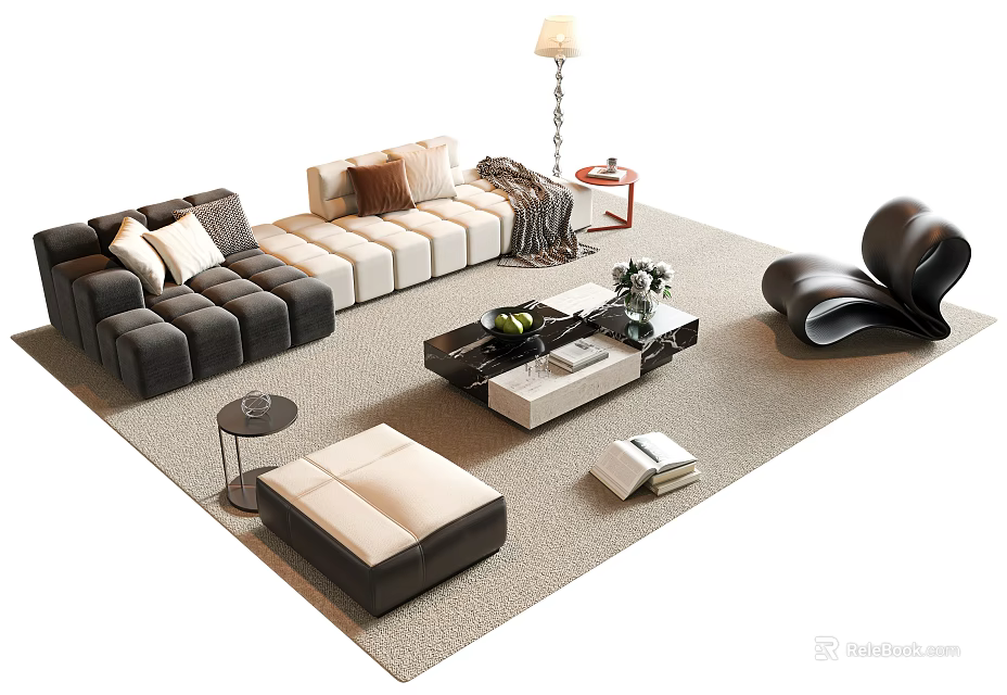 Modern Sectional Sofa and Coffee Table Set Design With Ottoman Rug Pillows and Floor Lamp 3d model 