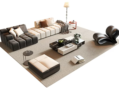 Modern Sectional Sofa and Coffee Table Set Design With Ottoman Rug Pillows and Floor Lamp 3d model