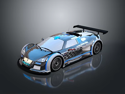 Silver And Blue Race Car With Large Rear Wing Black Stripes And Logos 3d model