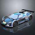 Silver And Blue Race Car With Large Rear Wing Black Stripes And Logos