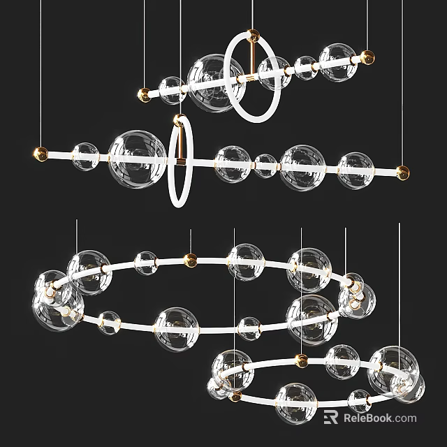 Modern Glass Globe Chandelier With Metal Rings And Hanging Design Elements 3d model 