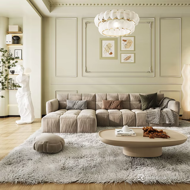 Beige L Shaped Velvet Sofa With Round Coffee Table And Decorative Pillows On Light Carpet 3d model 