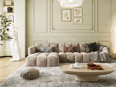 Beige L Shaped Velvet Sofa With Round Coffee Table And Decorative Pillows On Light Carpet 3d model