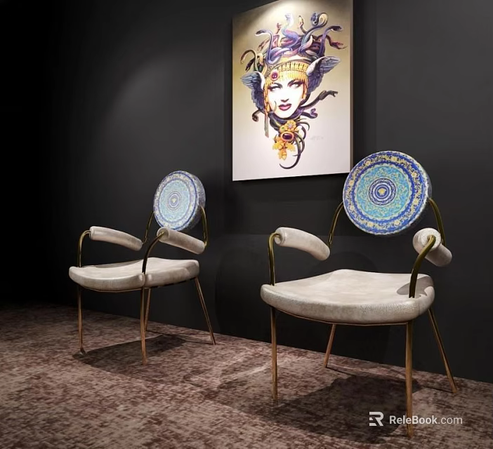 Stylish Dining Chairs With Golden Metal Frames Beige Cushions And Circular Decorative Backrests 3d model 