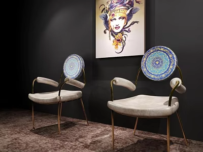 Stylish Dining Chairs With Golden Metal Frames Beige Cushions And Circular Decorative Backrests 3d model