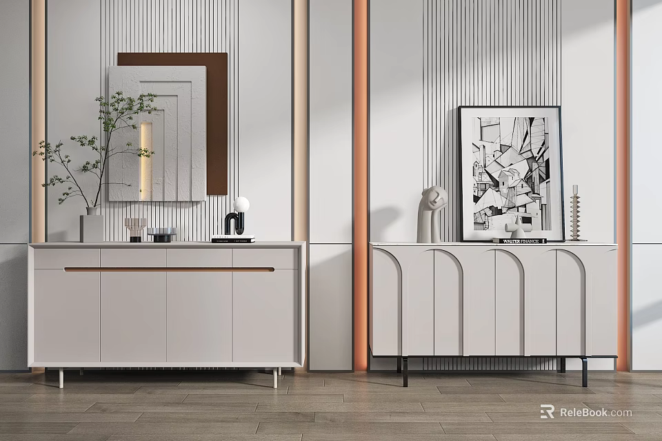 Modern Console And Side Cabinet Interior Design With Mirror Plant And Artwork 3d model