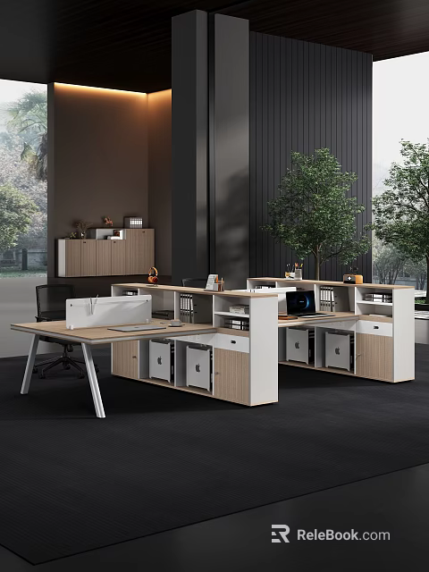 Modern Office Desk With Open Layout Multiple Workstations White And Light Wood Finish 3d model 