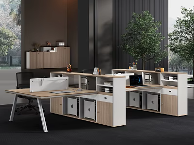 Modern Office Desk With Open Layout Multiple Workstations White And Light Wood Finish 3d model