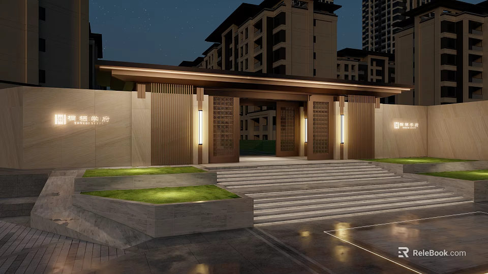 Chinese Style Residential Community Entrance Gate With Night Lighting Steps And Green Plants 3d model 