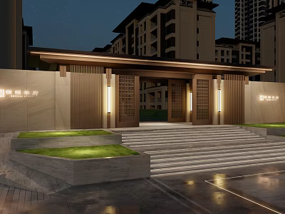 Chinese Style Residential Community Entrance Gate With Night Lighting Steps And Green Plants 3d model