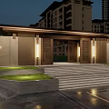 Chinese Style Residential Community Entrance Gate With Night Lighting Steps And Green Plants