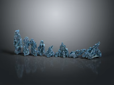 Blue Crystal Animal Figurines Arranged In A Row On Gray Reflective Surface 3d model