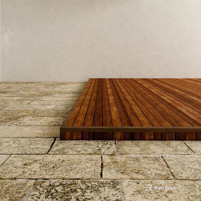 Dark Long Strip Wooden Flooring With Smooth Texture Transition To Stone Floor And White Wall 3d model 