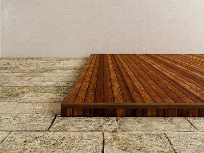 Dark Long Strip Wooden Flooring With Smooth Texture Transition To Stone Floor And White Wall 3d model