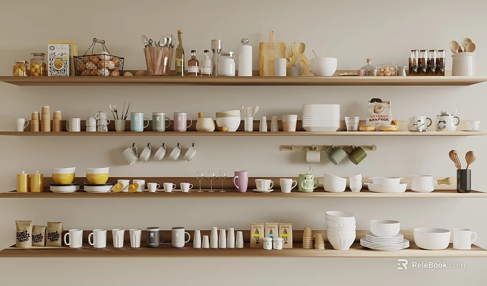 Kitchen Shelves With Various Mugs Bowls Jars And Bottles Organized In Cozy Home Kitchen 3d model 