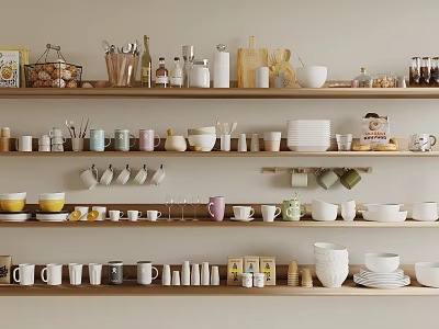 Kitchen Shelves With Various Mugs Bowls Jars And Bottles Organized In Cozy Home Kitchen 3d model