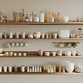 Kitchen Shelves With Various Mugs Bowls Jars And Bottles Organized In Cozy Home Kitchen