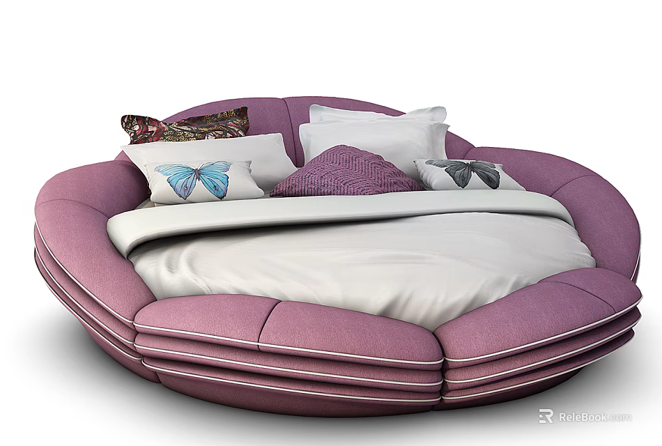 Lavender Round Bed With White Sheets And Butterfly Pattern Pillows 3d model