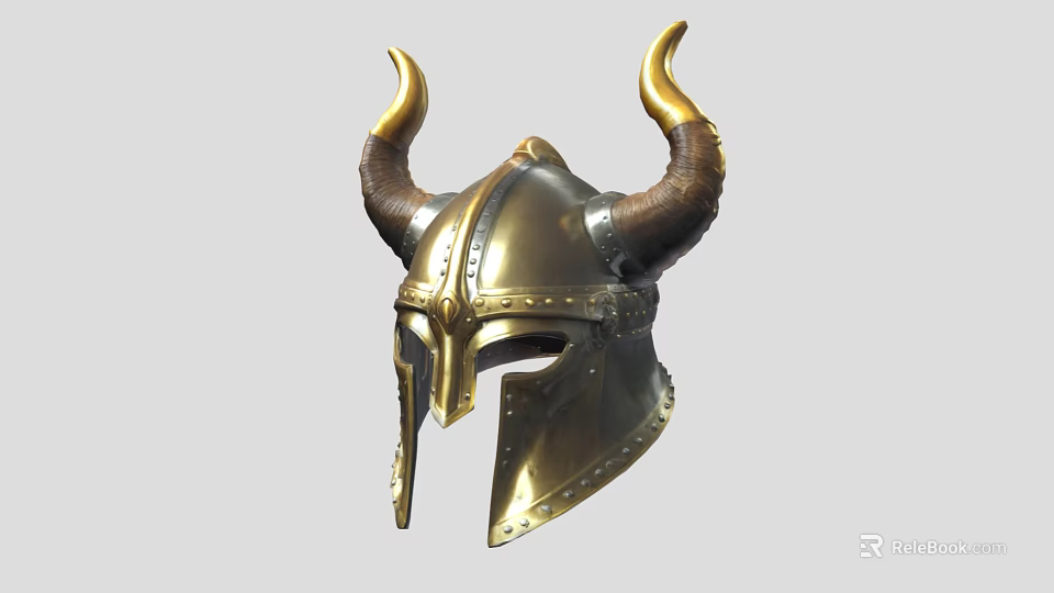 Viking Style Golden Metal Helmet With Brown Horns And Decorative Rivets Design 3d model 