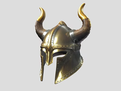 Viking Style Golden Metal Helmet With Brown Horns And Decorative Rivets Design 3d model