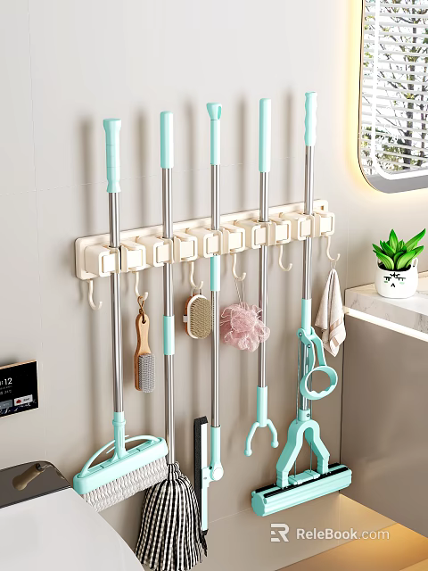 Wall Mounted Bathroom Accessories Storage Rack With Mops Brushes Cleaning Supplies And Green Plant 3d model 