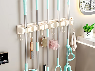 Wall Mounted Bathroom Accessories Storage Rack With Mops Brushes Cleaning Supplies And Green Plant 3d model