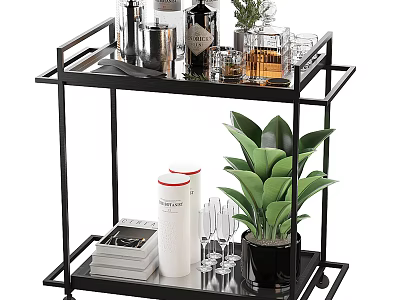 Modern Black Bar Cart Decor Setup With Wine Bottles Metal Containers Green Plant And Glasses 3d model
