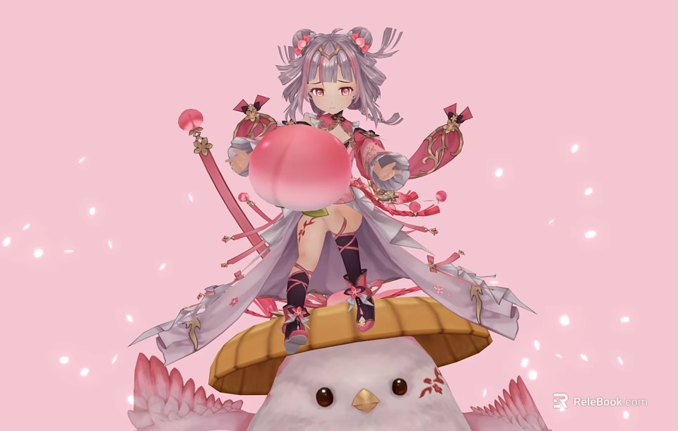 Cute Game Anime Character With Twin Tails Peach Staff And Bird Mount On Pink Petals 3d model 
