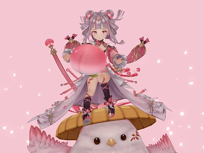 Cute Game Anime Character With Twin Tails Peach Staff And Bird Mount On Pink Petals 3d model