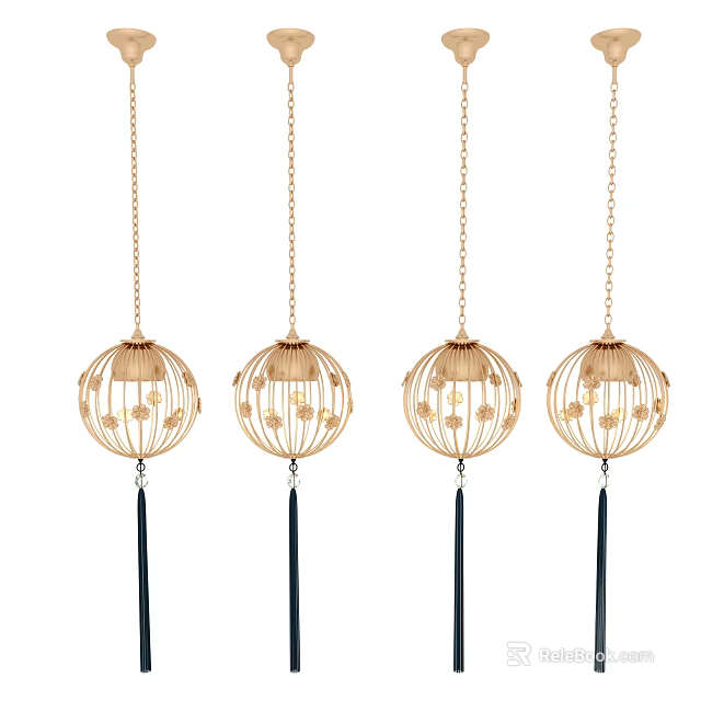 Stylish Four Bamboo Woven Spherical Pendant Lights With Light Colored Frames And Dark Hanging Tassels 3d model 