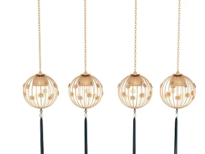 Stylish Four Bamboo Woven Spherical Pendant Lights With Light Colored Frames And Dark Hanging Tassels 3d model