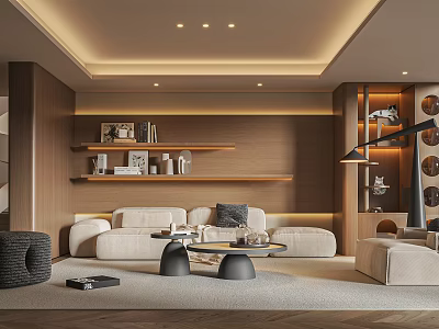 Modern Living Room Interior With Beige Sofa Wooden Shelves Round Coffee Table And Lighting 3d model