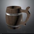 Wooden Barrel Shaped Mug With Metallic Bands And Curved Handle Design