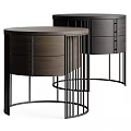 Stylish Modern Round Bedside Tables With Dark Wooden Drawers And Black Metal Frames