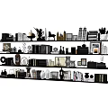 Stylish Decorative Ornament Collection with Books Sculptures Vases and Frames on Shelves