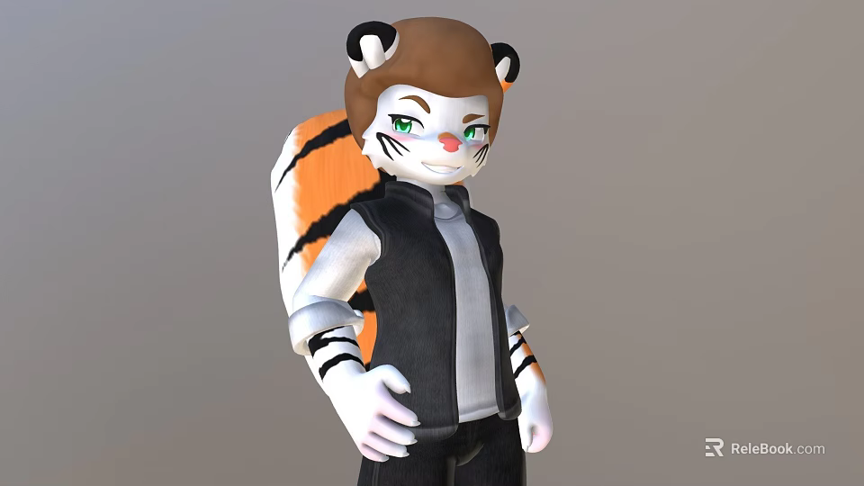 Anthropomorphic Cartoon Tiger Character With Green Eyes Black Vest And Striped Tail 3d model 