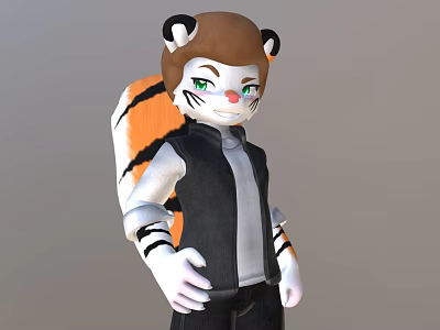 Anthropomorphic Cartoon Tiger Character With Green Eyes Black Vest And Striped Tail 3d model