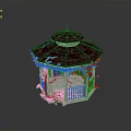 Elegant Octagonal Gazebo With Red Roof White Pillars And Climbing Green Vines
