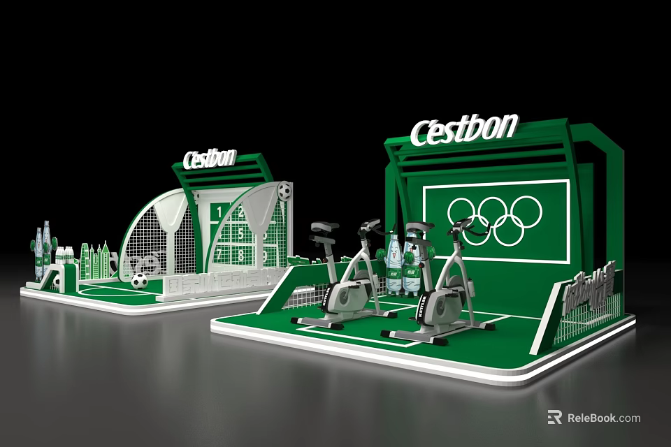 Cestbon Green Exhibition Booth With Olympic Rings And Fitness Equipment 3d model 