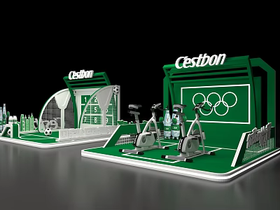Cestbon Green Exhibition Booth With Olympic Rings And Fitness Equipment 3d model
